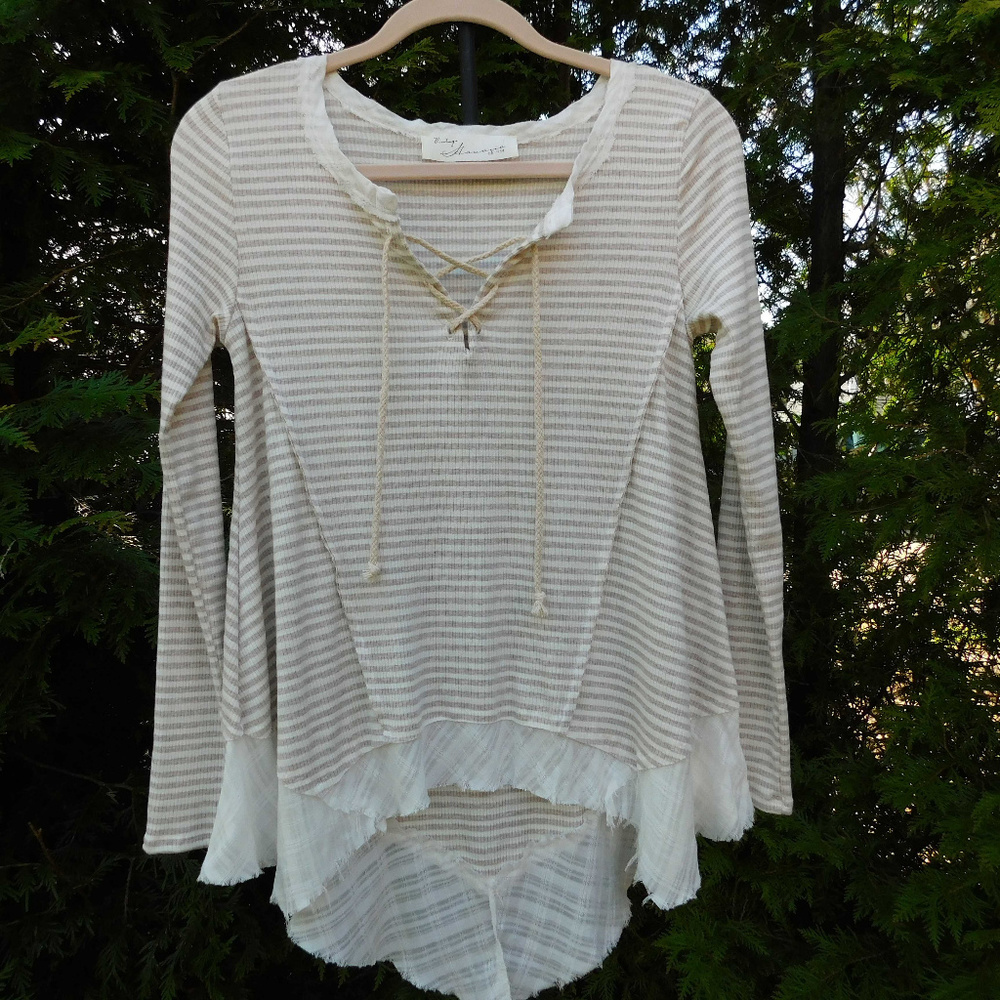 Vintage Havana Soft & Stretchy Hi-Lo Top with Lace-up Neck & Frayed Trim